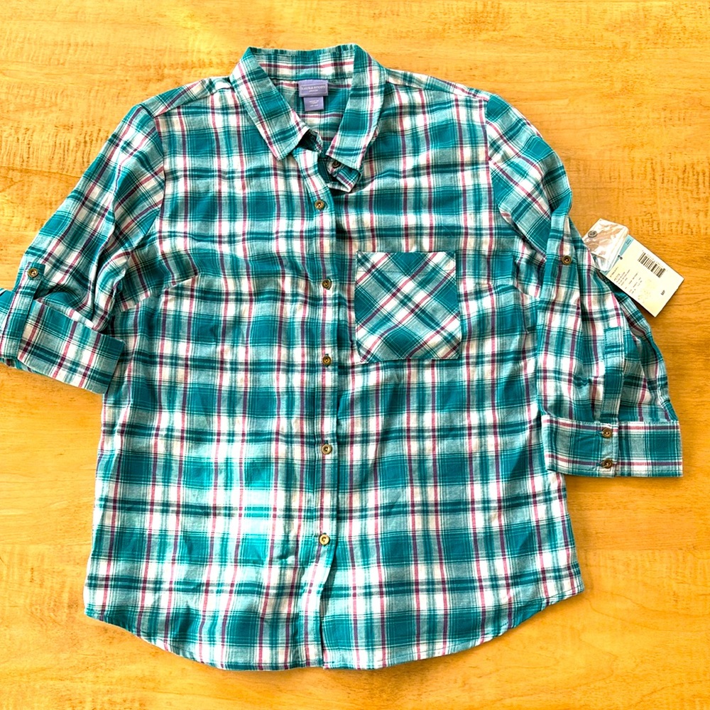 Laura Scott brand, teal and pink plaid shirt.